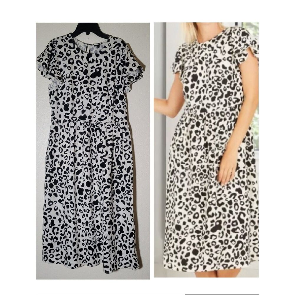 Who What Wear | XL Leopard Print Linen Blend Midi Dress Flutter Sleeve Summer